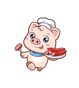 卡通可爱小猪厨师端红肠