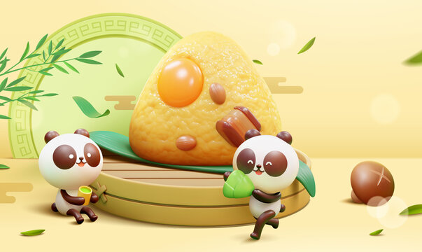 三维端午节竹笼上的粽子与微型熊猫插图