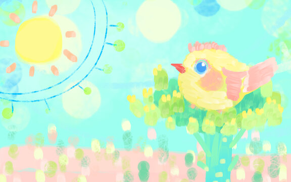 水彩笔刷儿童画涂鸦大树小鸟背景