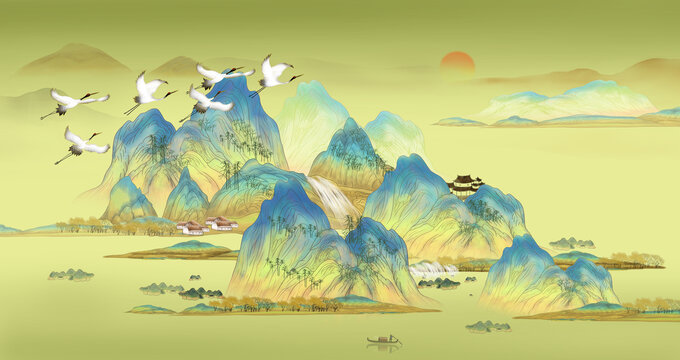 新中式山水背景墻