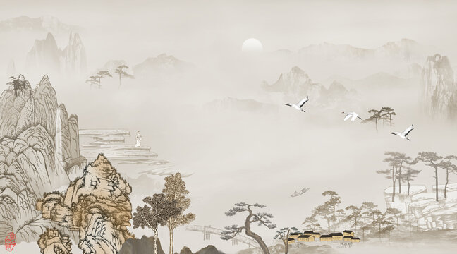 新中式山水背景墻壁畫