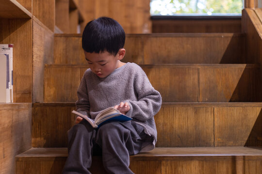 一个小男孩看书