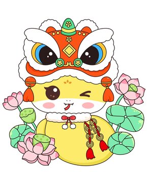 好運(yùn)連連醒獅蛇春節(jié)紅包插畫素材