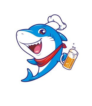 卡通可愛小鯊魚廚師喝啤酒形象