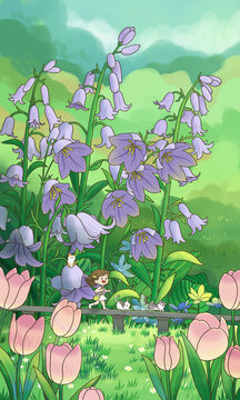春天風(fēng)鈴草植物女孩插畫