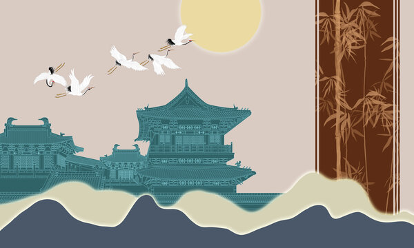 手繪樓閣背景墻