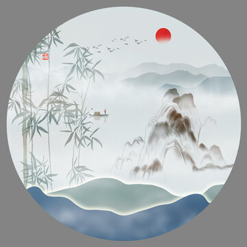 意境竹影山水畫