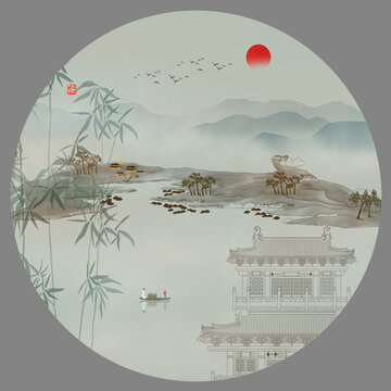 新中式樓閣山水畫