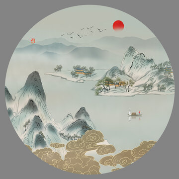 圓形古風(fēng)山水畫
