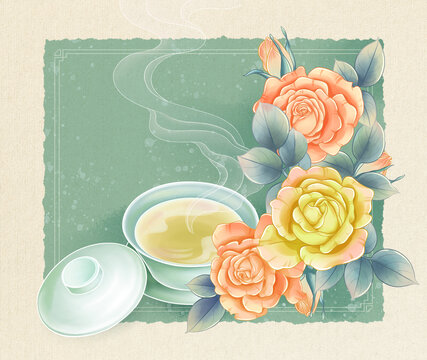 玫瑰花茶包装插画素材