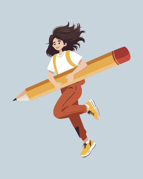 女学生怀抱铅笔奔跑矢量插画