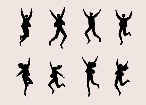 年轻男女跳跃欢呼剪影矢量插画