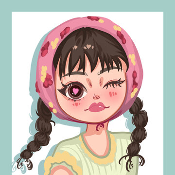 手繪戴頭巾的小女孩