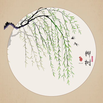 水墨柳樹