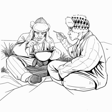 席地而坐吃飯線稿