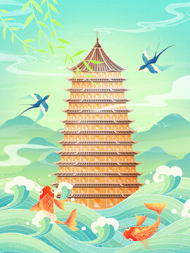 杭州六和塔國潮插畫