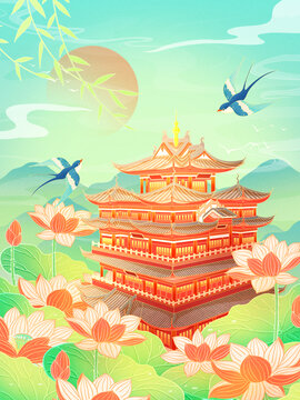 杭州城隍閣國潮插畫