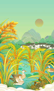 國(guó)風(fēng)農(nóng)村生態(tài)大米手繪插畫(huà)