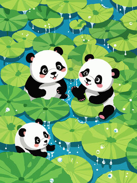 手绘插画卡通可爱小熊猫夏天荷叶