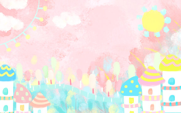 水彩儿童节插画涂鸦童话城堡粉色