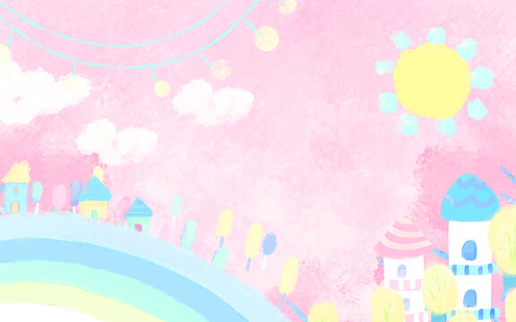 水彩儿童画童话彩虹城堡六一背景