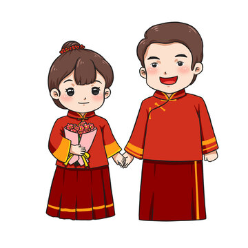 中式新郎新娘婚紗人物元素
