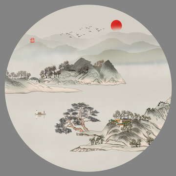 圓形古風(fēng)山水畫