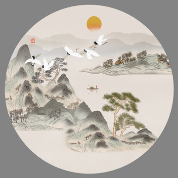 圆形古风山水画