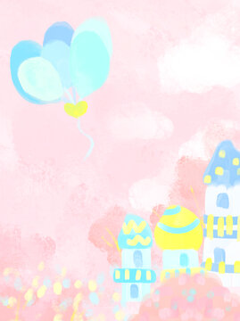 水彩涂鸦儿童节背景气球城堡树林