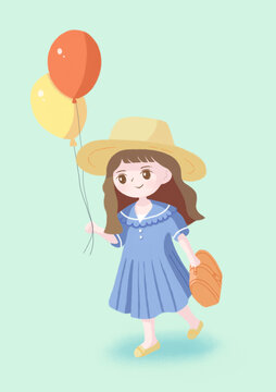 草帽氣球出游海軍服女孩兒童節(jié)