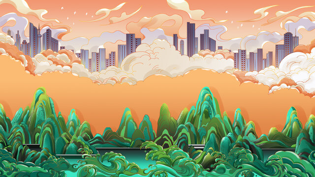 旅游城市山水風(fēng)景插畫