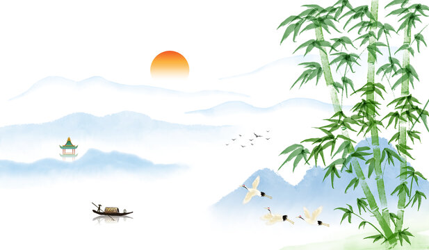 水墨竹影山水插畫