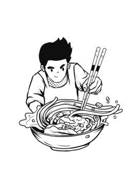 卡通男孩吃面手繪
