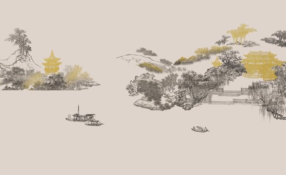 新中式線描山水背景墻