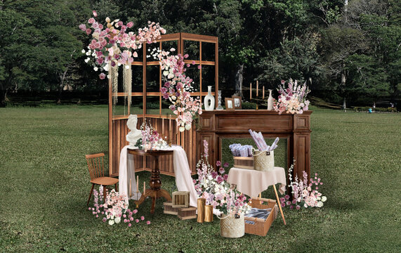 户外草坪美式木质婚礼粉紫色花艺