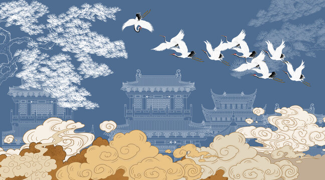 樓閣描線山水背景墻