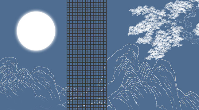 線描山水迎客松