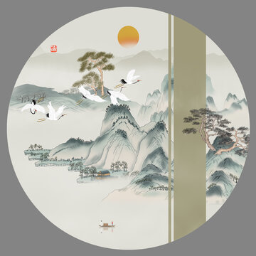 圆形古风山水画