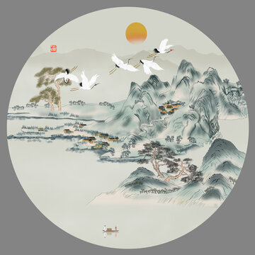 圓形青綠山水畫