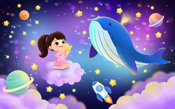 小女孩捧星星夢(mèng)幻插畫