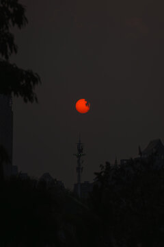 日落时的红太阳和剪影