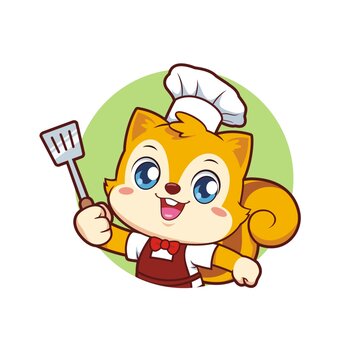 卡通可愛小松鼠廚師拿鍋鏟頭像