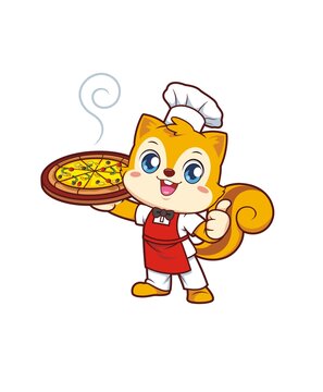 卡通可愛(ài)小松鼠廚師端披薩形象