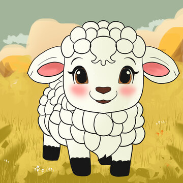 插画草地上的羊