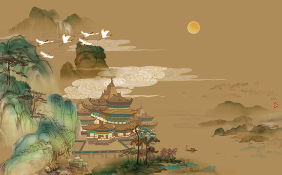 高端大型新中式背景墻壁畫