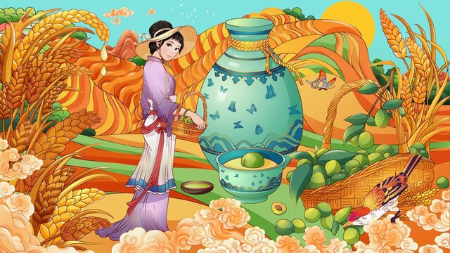 古風(fēng)人物芒種小麥豐收大場景插畫