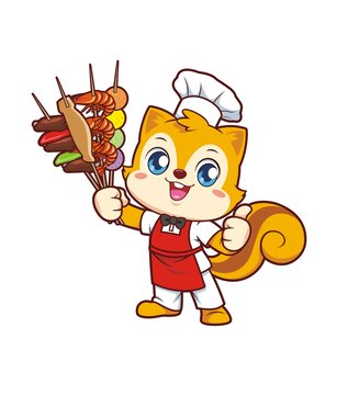 卡通可爱小松鼠厨师吃烧烤形象