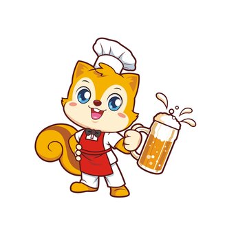 卡通可爱小松鼠厨师喝啤酒形象
