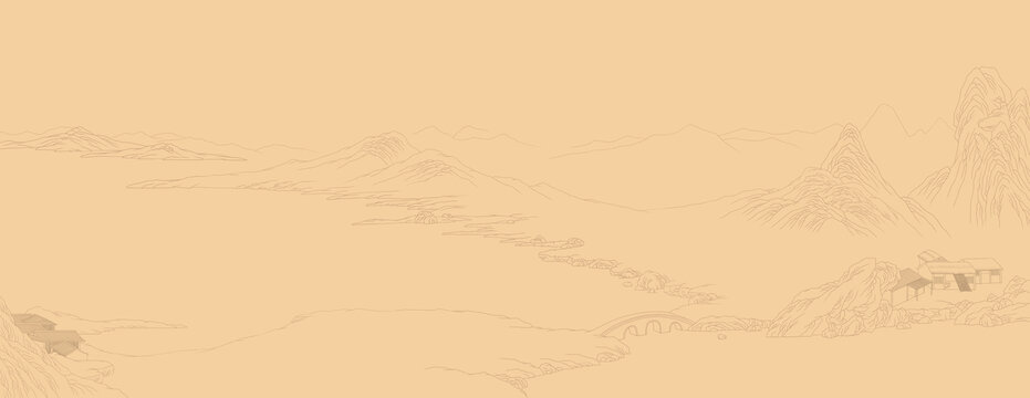 線描山水圖卷
