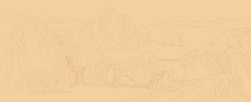 線描山水圖卷